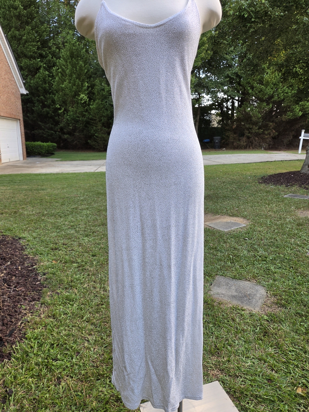 Vintage 90s Y2K Byer Too California Glitter Slip Dress White Silver Maxi Small